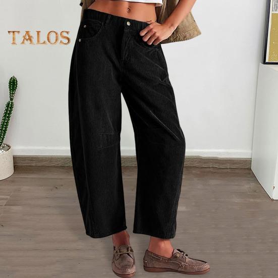 Women Corduroy Pants Elastic Waist Mid-rise Button Zipper Fly Wide Leg Casual Trousers with Pockets Solid Color Slacks
