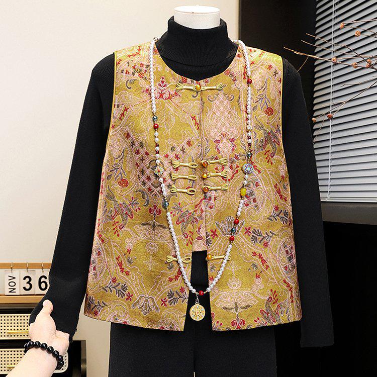 

Chinese-Style Embroidered Vest for Petite Mothers - Spring/Fall Outerwear with Frog Button Design for Mature Women 5XL жёлтый
