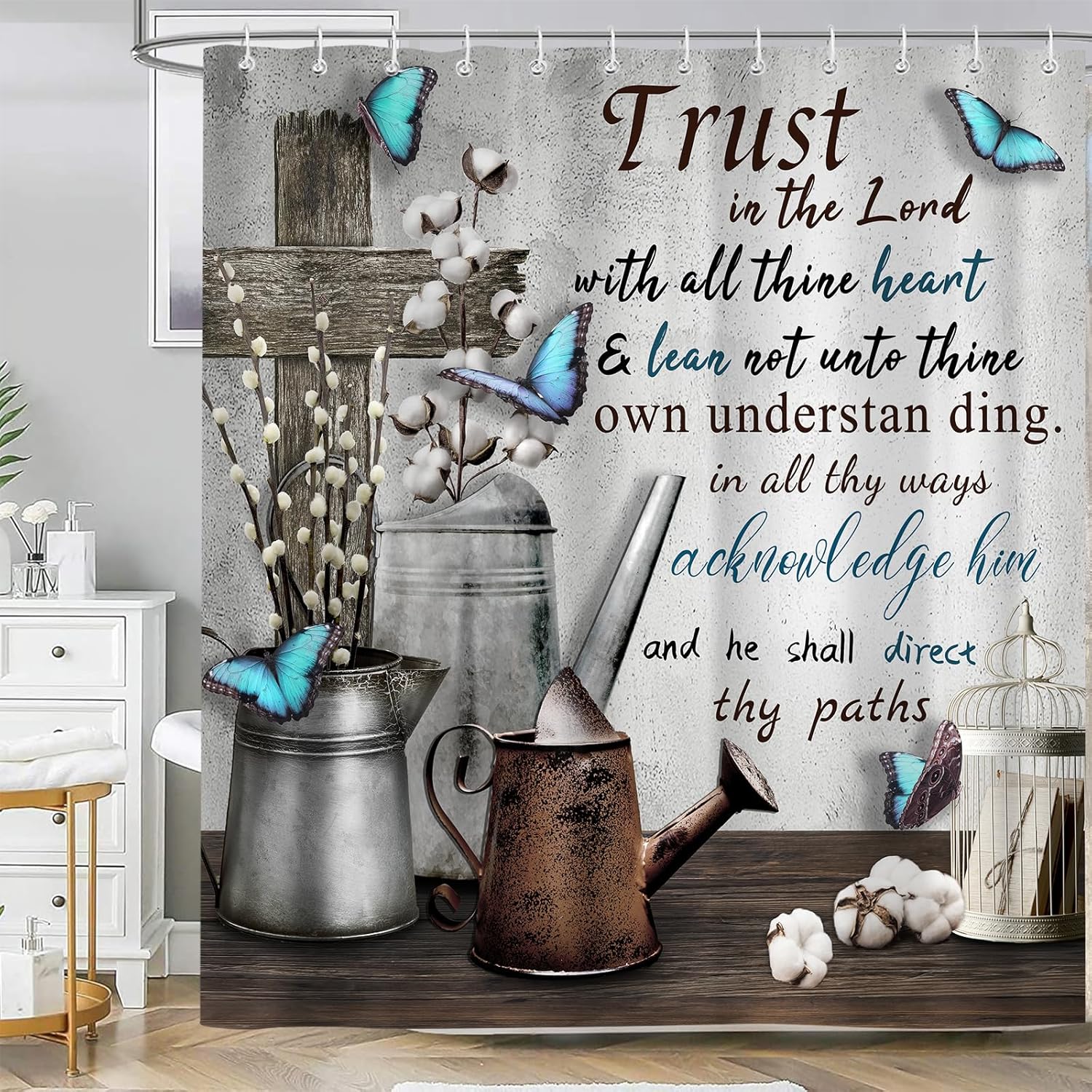 

Rustic Farmhouse Shower Curtain, Bible Verse Inspirational Quotes Country Farm Bath Curtains, Grey Vintage Waterproof Fabric Bat W60H190(CM)-1 Pcs
