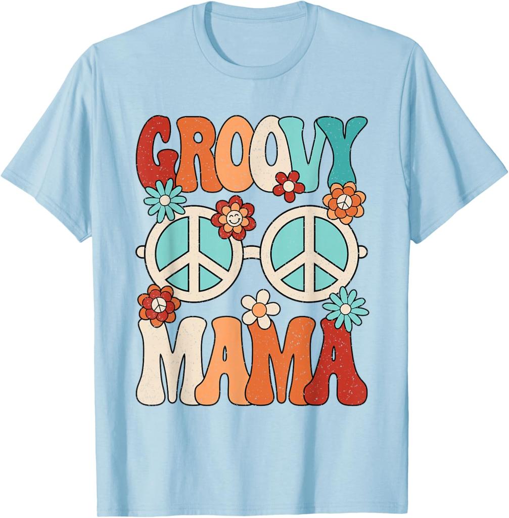 Groovy Mama Peace Sign Flowers Retro Hippie Graphic Tee Women's Casual Trip T-Shirt