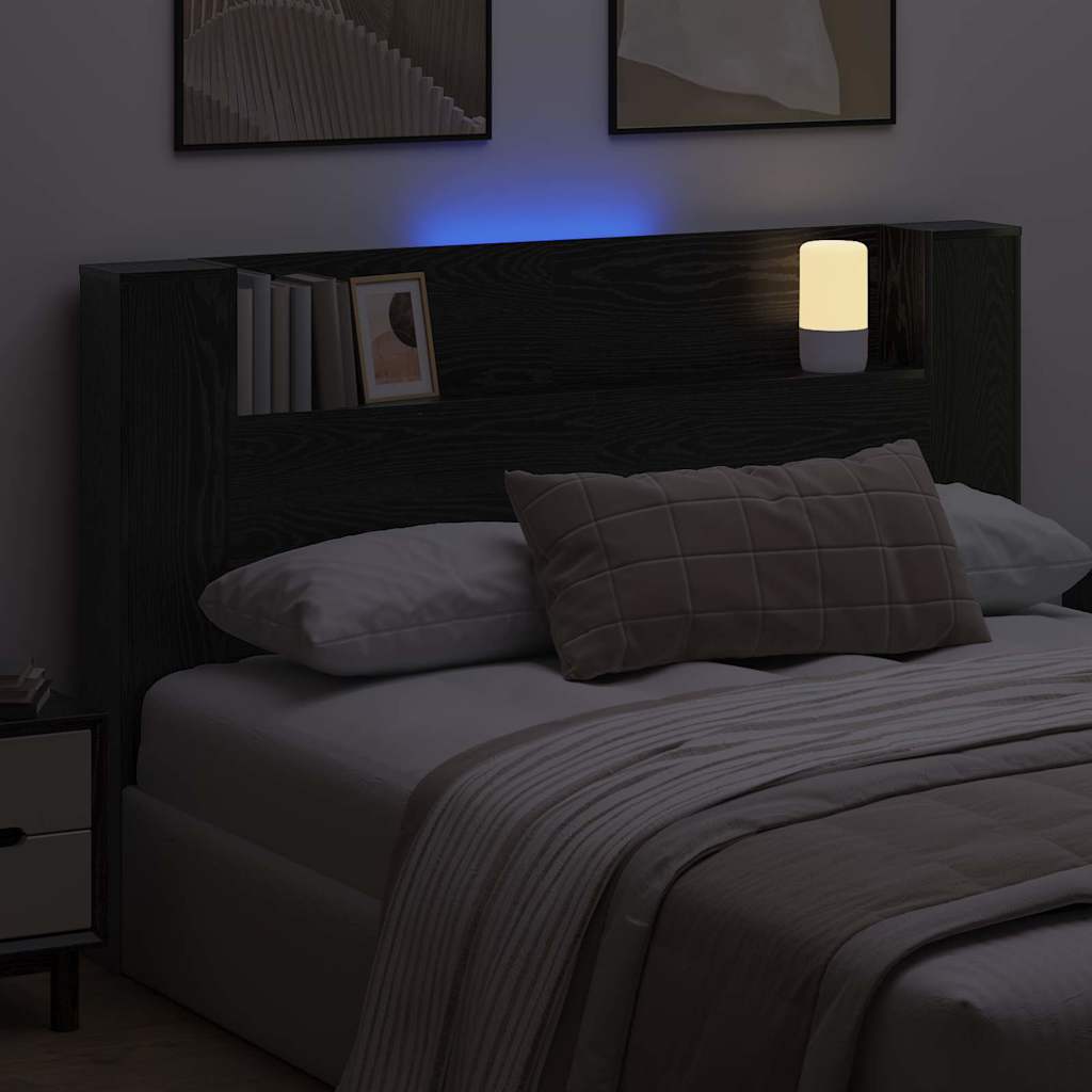 Storage Headboard with LED Black Oak Wood Based Material
