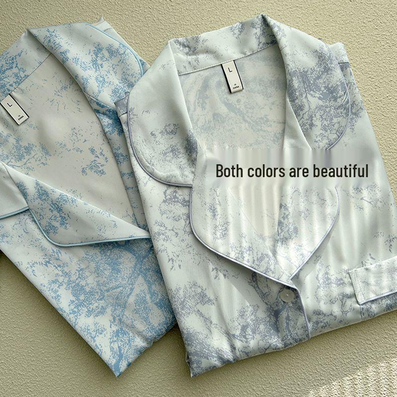 Damenpyjama im koreanischen Stil aus Seidenimitat - Langärmeliges zweiteiliges Set mit Tuschemalerei für Frühling und Herbst