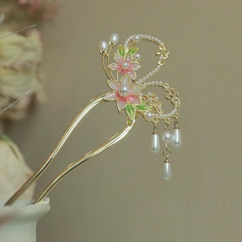 Antique Butterfly Flower Bamboo U-shaped Hairpin Super Fairy Retro Pearl Fringed Hairpin Hanfu Ancient Hairpin Accessories