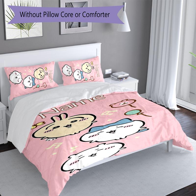 3pcs Custom Name Chiikawa Set,Includes 1 Duvet Cover and 2 Pillowcases,All-season Bedroom Decor
