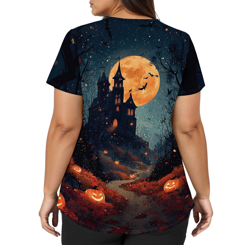 Women's V Neck Short Sleeve Work Shirt with Side Slits and Pockets Halloween Themed Printed Top Suitable for Casual and Professional Wear