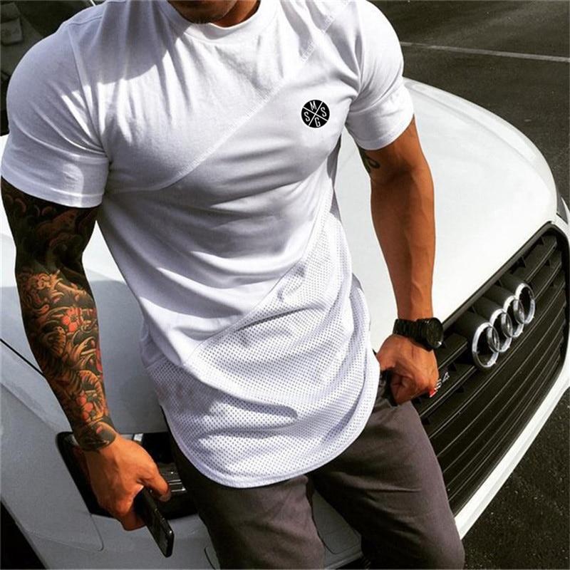 Muscleguys Summer Mens printed Fitness tees O-neck Casual short sleeve T-shirt Mesh+cotton Sportswear Tees Gym Clothing Bodybuilding tops