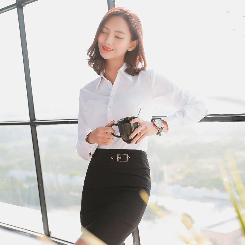 Women's 2025 Long-Sleeved White V-Neck Cotton Shirt - Slim Fit Professional Wear
