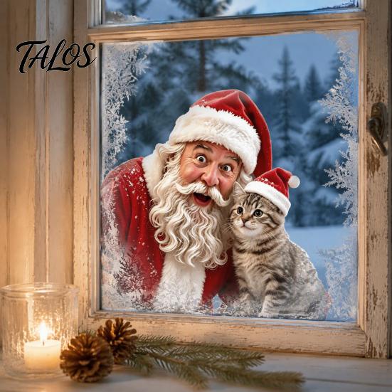 Creative Christmas Gift Ideas Window Static Sticker, Santa Claus And Cute Kitten PVC Holiday Glass Decals Decal, Waterproof Reusable Cling for