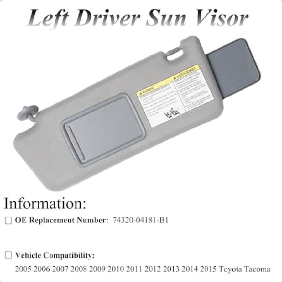 Left Driver Side Sun Visor Replacement Compatible with  Tacoma 2005 2006 2007 2008 2009 2010 2011 2012 2013 2014 2015 Without L