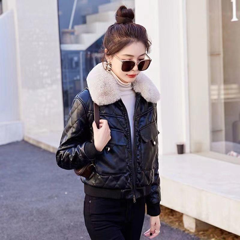 Leather jacket jacket women's short winter new fashion small locomotive clothing with cotton leather jacket small cotton clothing