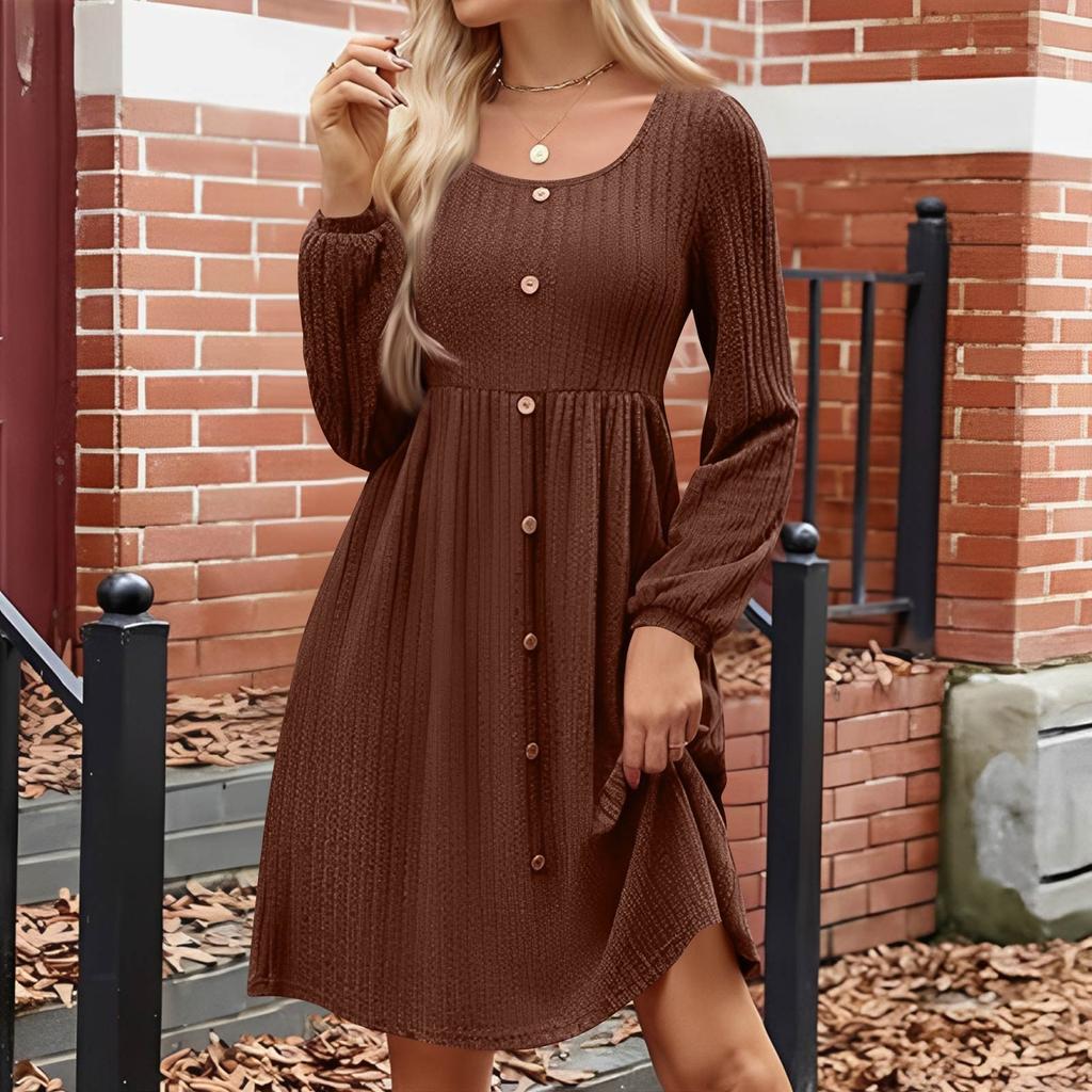 Women's Fashion Round Neck Casual Slim Solid  Waist Long Sleeve Dresses