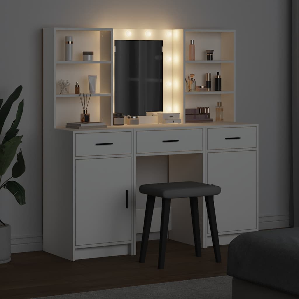 LED Vanity Table Set with Drawers 3 pcs White Particleboard