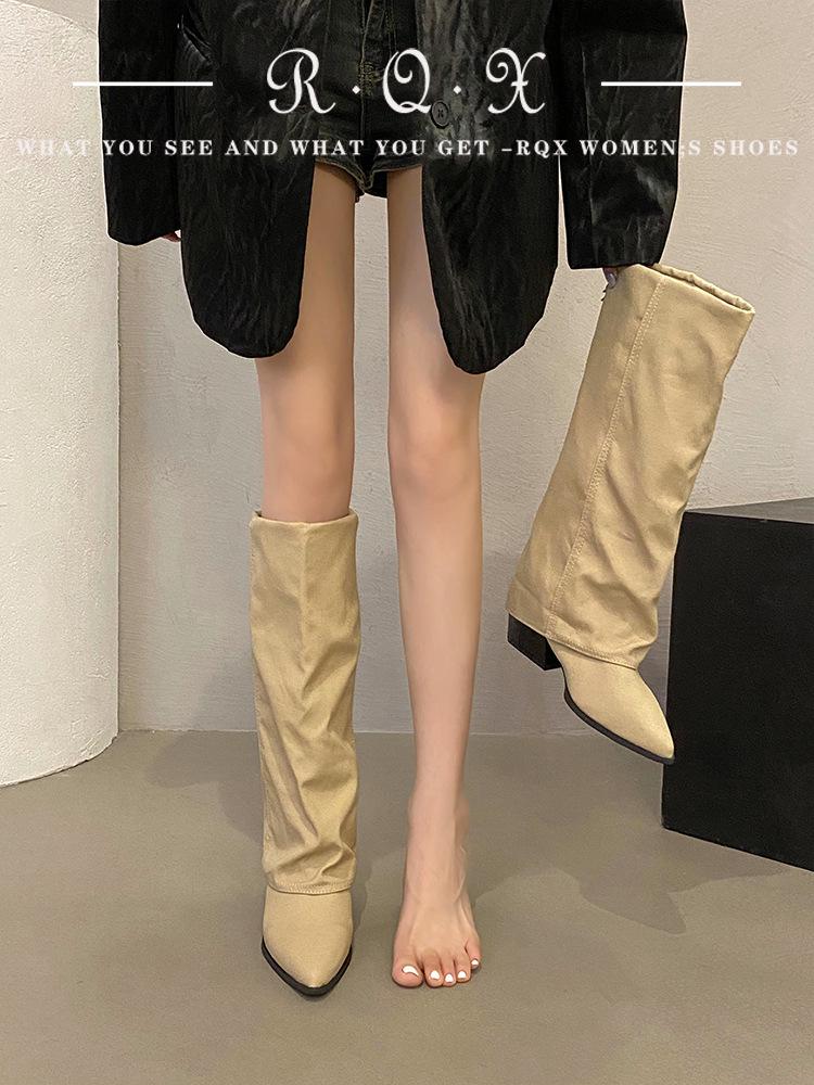 

Women s Knee-High Western Cowboy Boots, Chunky Heel, Pointed Toe, Slim Fit, Versatile 2025 Style for Autumn/Winter - European & American Influence. 36 хакі
