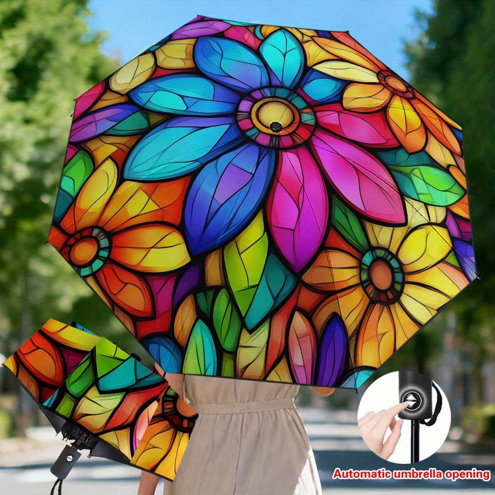 

1pc Vibrant Floral Mosaic Design Automatic Folding Umbrella, Repelling Umbrella, Thickened Reinforced Umbrella Frame, Ideal fo Iron&8K