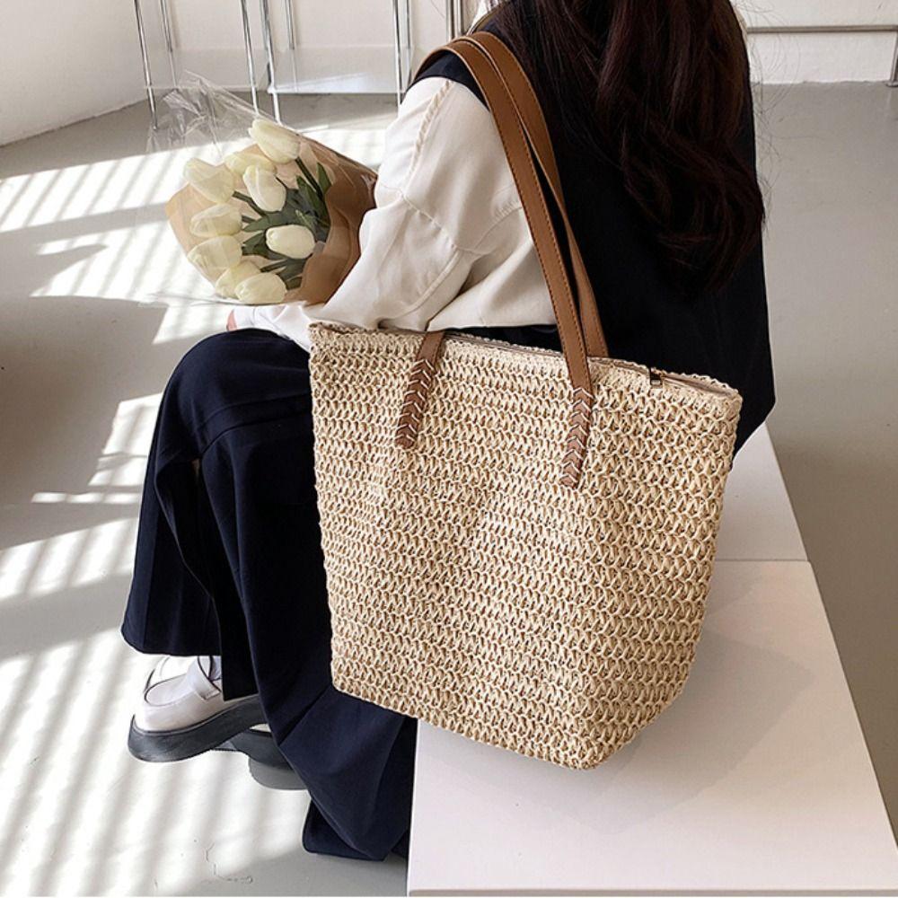 Bohemian Style Zipper Beach Bag Solid Color Hollow Tote Bag Trendy Weave Straw Bag  Spring