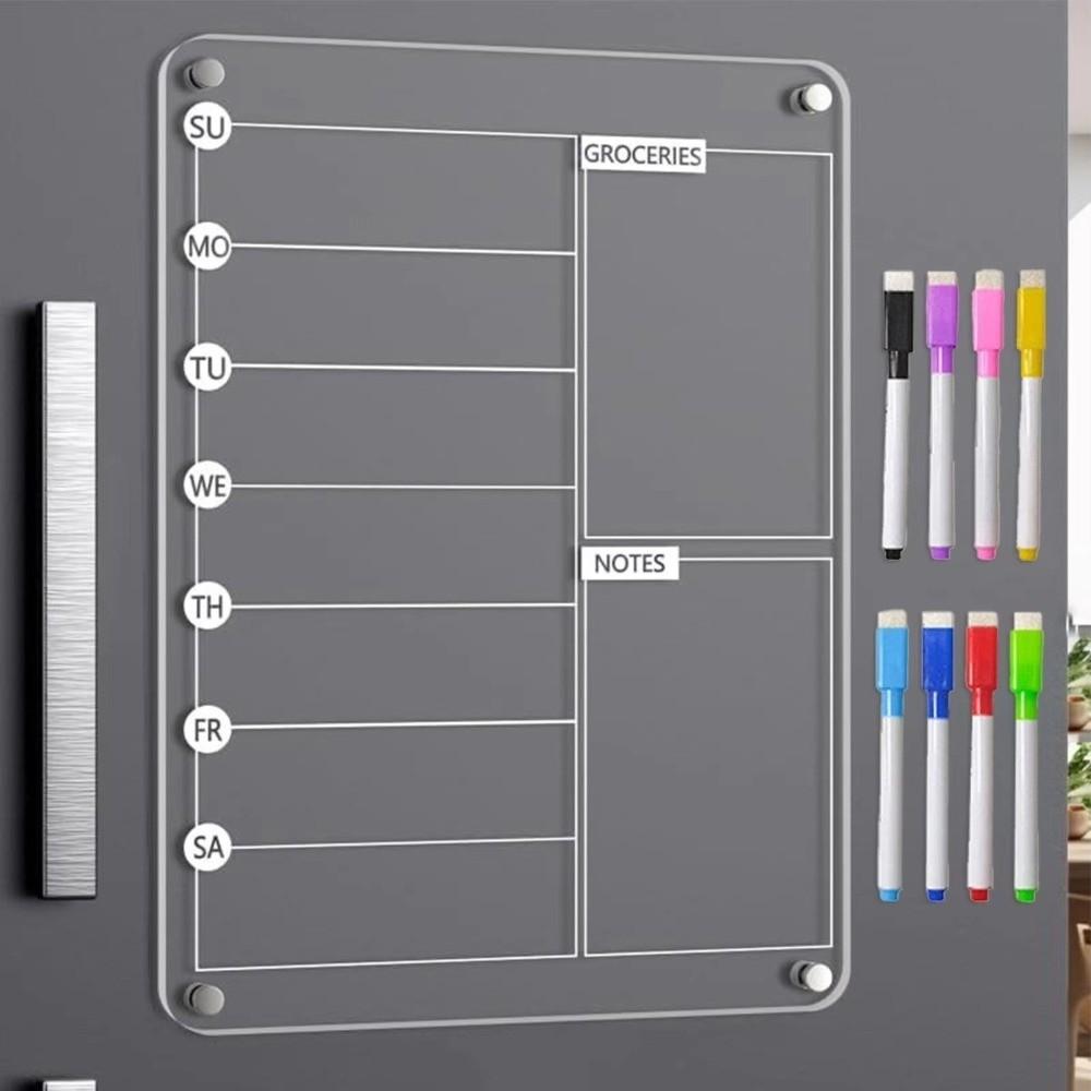 Reusable Fridge Weekly Calendar Multifunctional with 8 Markers Erasable Memo Board Transparent Frameless