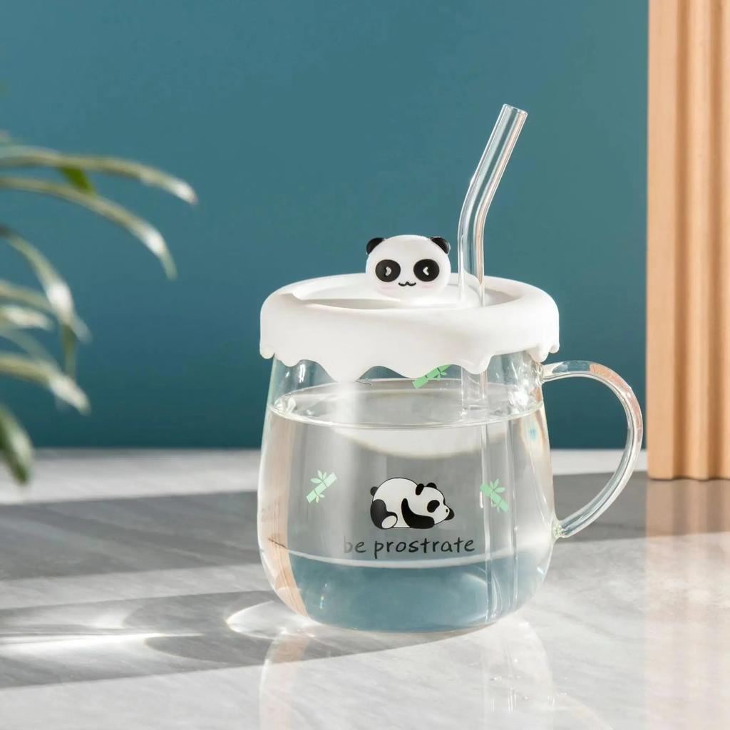 Kawaii Cups Cute Panda Glass Cup With Straw Cap Spoon Coffee Breakfast Cup Beer Mug Cups and Mugs Free Shipping Drinking Glasses