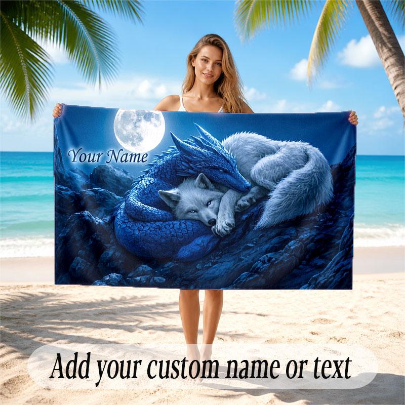 Wolf Theme Beach Towel Personalized Custom Name & Text Soft Quick Dry Beach Towel for Swimming Travel