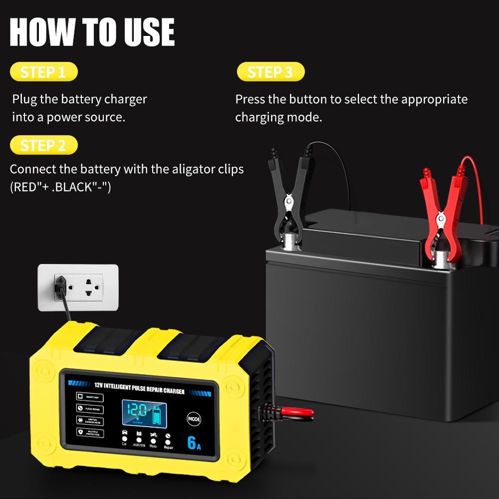 12V 6A Smart Charger for Lead-Acid Motorcycle & Car Batteries
