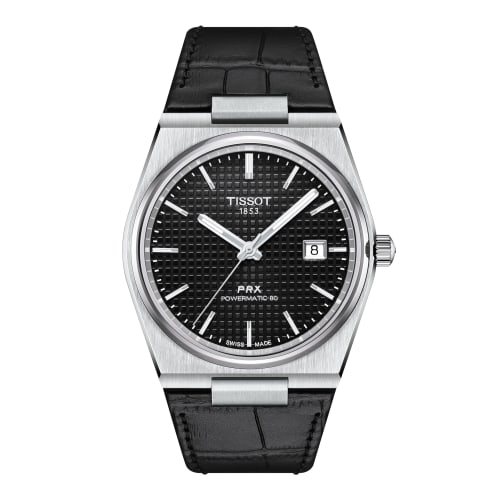 Tissot PRX Men's Watch with Leather Strap and Black Dial, Officially Imported, Model T1374071605100