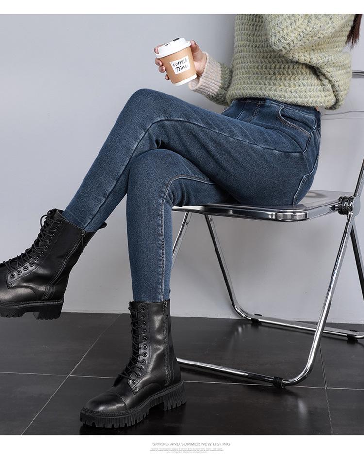 Women's Brushed Denim High-Waist Skinny Pants - Autumn/Winter 2023: Warm, Elastic, Thick Cotton