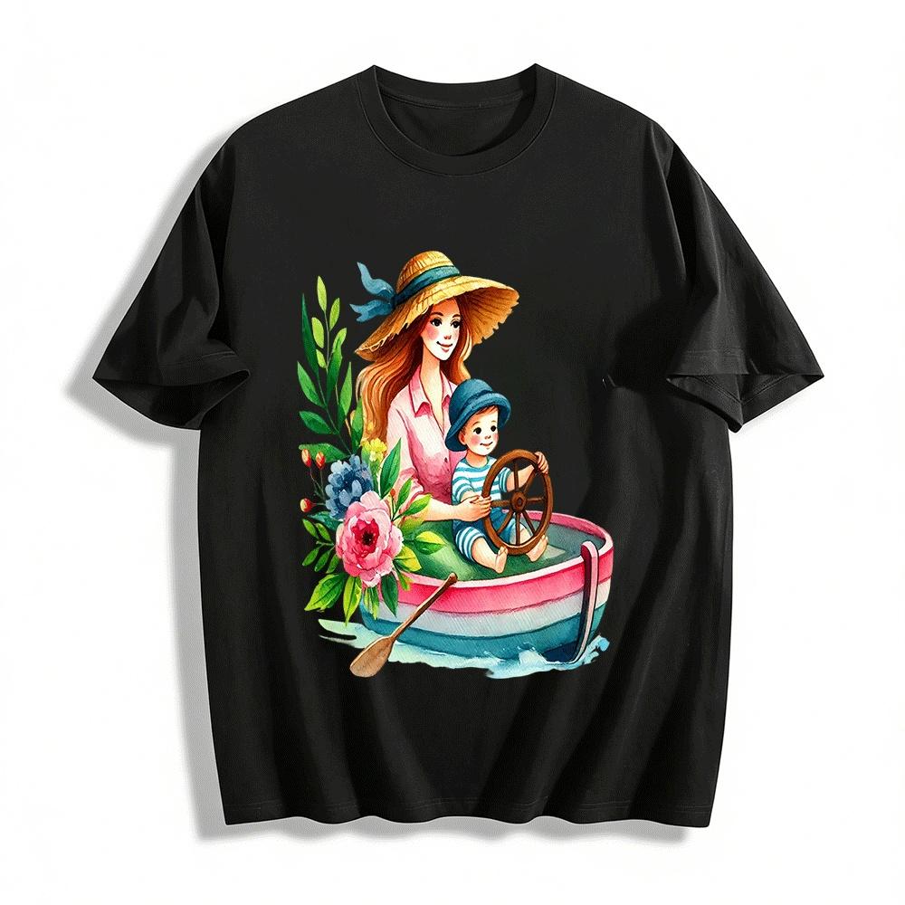 

Parent-child Sailing Time Print Casual T-shirt For Adults & Kids Pure cotton T-shirt XXS
