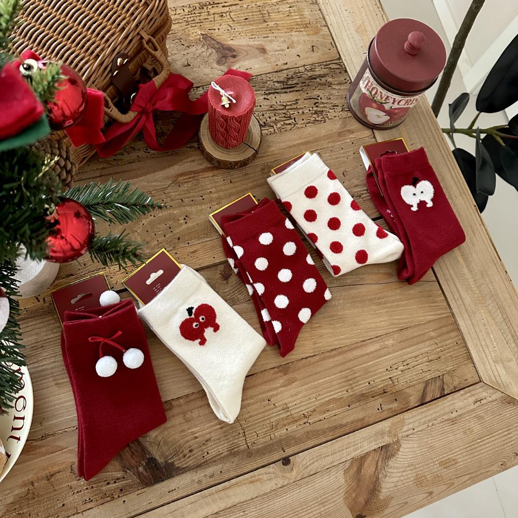 Songmu'S Ping An Xile Red Socks Polka Dot Medium Socks New Year'S Red Sox Niche Design Socks