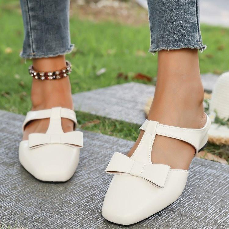 Fashion Baotou Half Slippers Women's Summer New Square Toe Shallow Mouth Bow Low Heel Block Heel Slip-on Wear-resistant Slippers