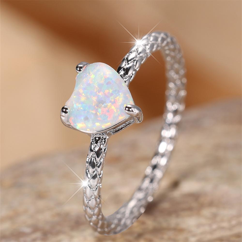 Белые огненные опалы в форме сердца, кольца для женщин, винтажные кольца серебристого цвета, свадебные кольца, украшения с камнями по знаку зодиака, подарки на День святого Валентина 5 серебро белый