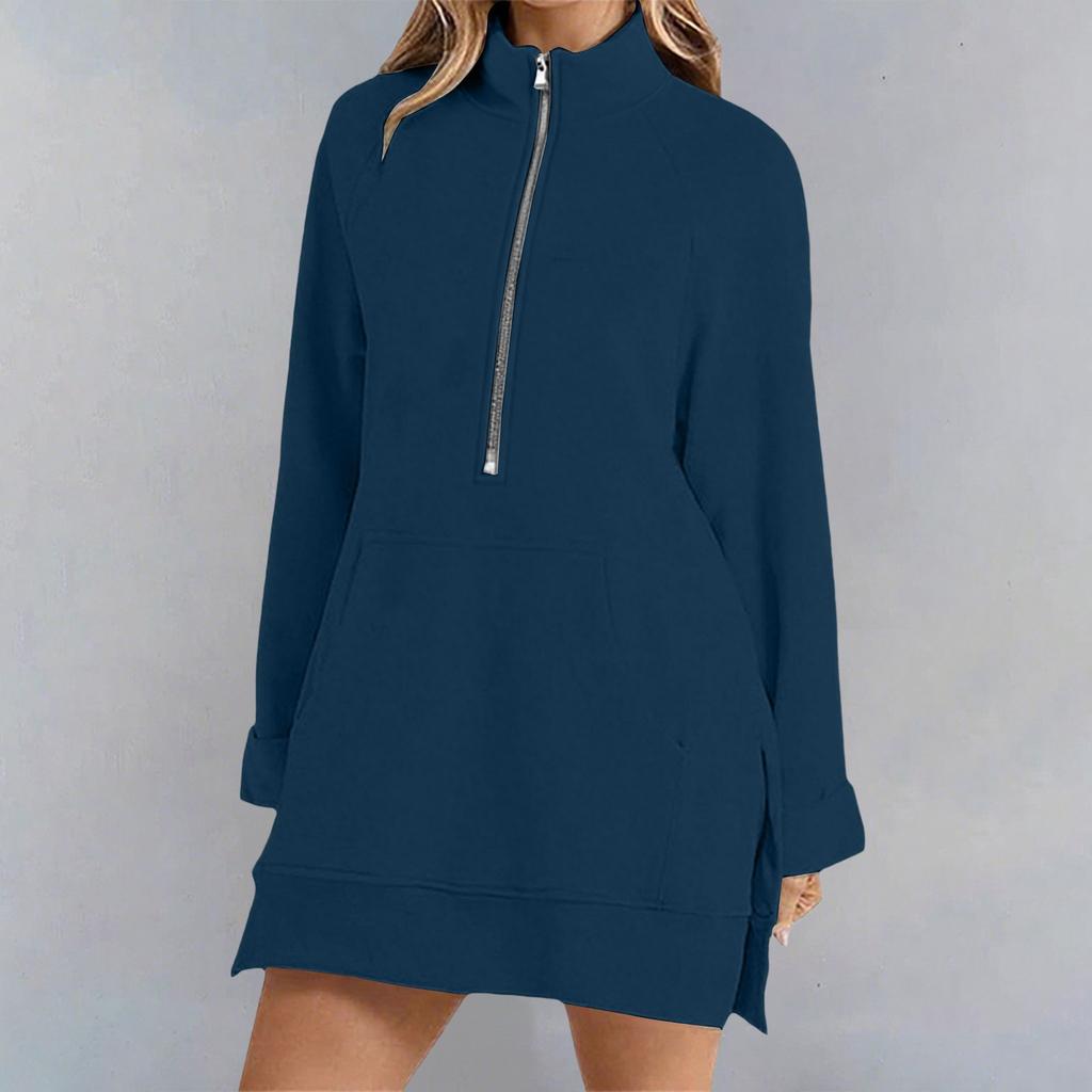 Womens Oversized Mid-length Sweatshirts Zipper Long Sleeve Pullover Outfits With Pocket