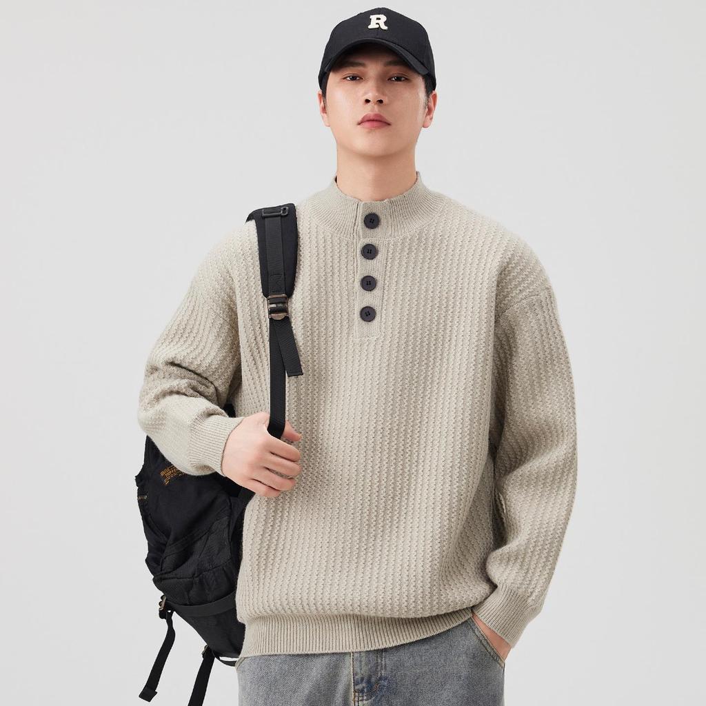 Men's Retro Knit Stand Collar Pullover - New Autumn/Winter Arrival, Versatile, Trendy, Loose Fit Sweater with Buttons