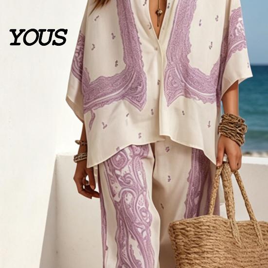 High-end Casual Women Wear Women's Boho Cotton Linen 2 Piece Sets, 3/4 Sleeve Printed Shirts Pear-shaped Figure Clothing And Wide Leg Pants