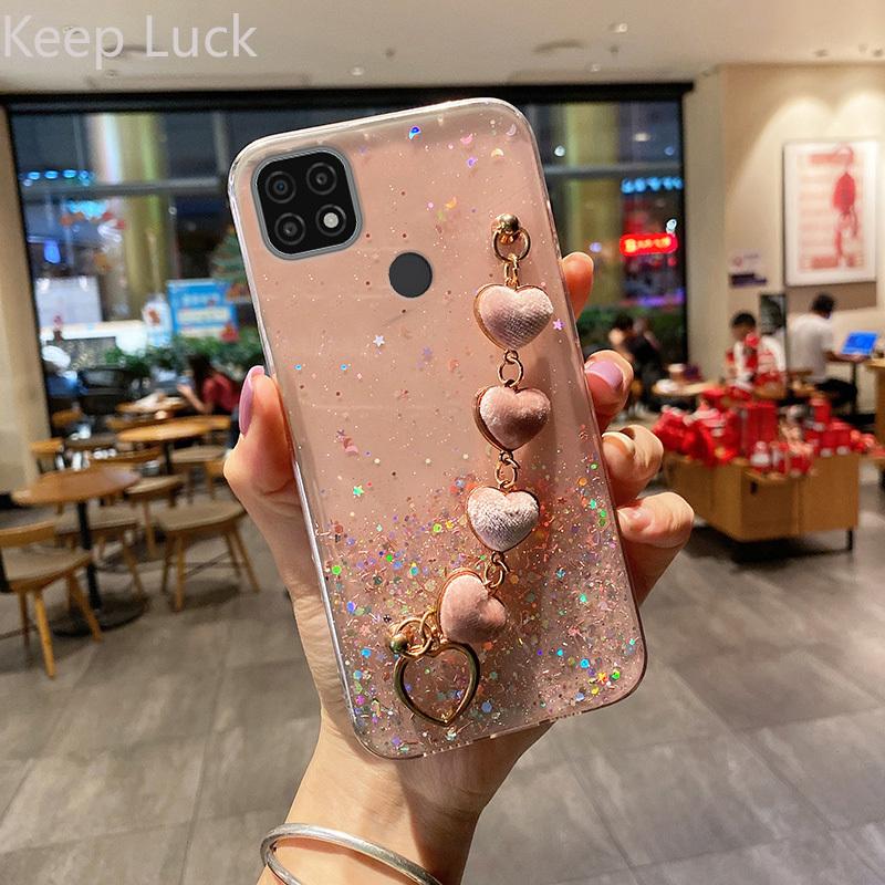 

Роскошный плюшевый чехол-браслет с сердечками для Realme C21 7 7i 8 8i Pro C11 C15 C25 C25Y A52 A72 A16, силиконовый чехол с цепочкой на запястье OPPO A5 2020 розовый