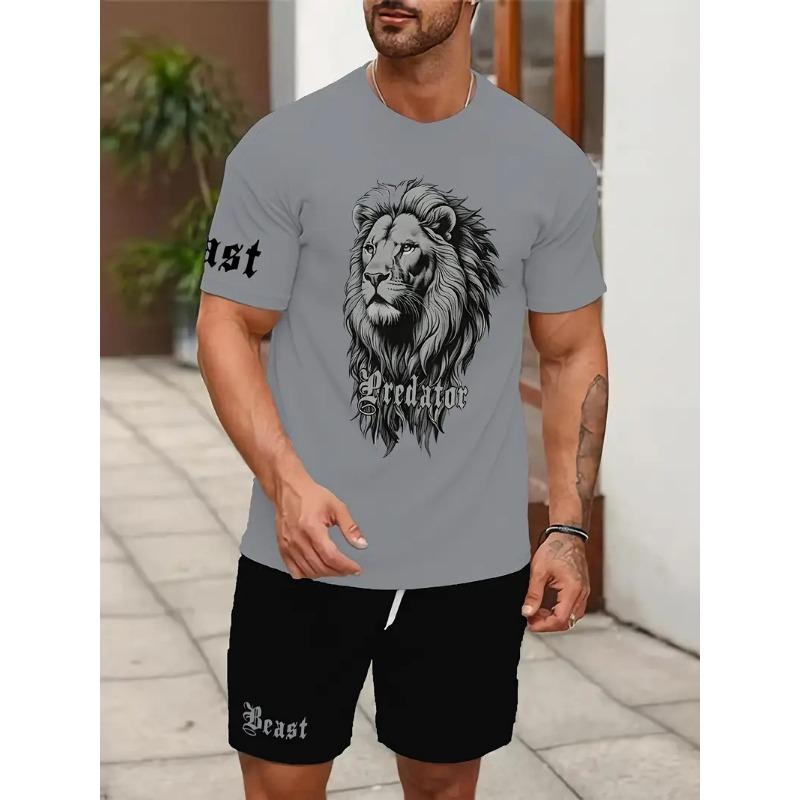 Lion Graphic Print T-shirt Shorts 2-piece Set Men's Short Sleeve Drawstring Waist Shorts Set Breathable Men's T Shirts Clothing