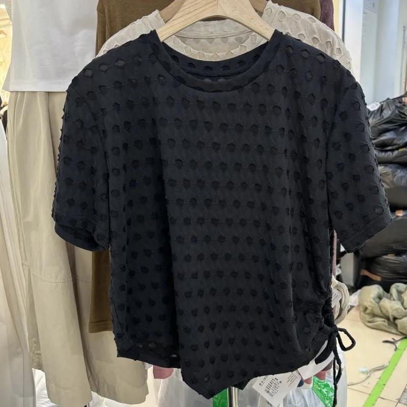 Women's Summer Black Heart Textured Side Drawstring Short Sleeve Top