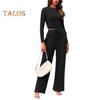 2 Pcs/Set Women Top Pants Suit Round Neck Long Sleeves Slim Fit Top High Waist Drawstring Wide Leg Trousers Tracksuit Casual Daily Wear Outfit