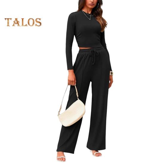 2 Pcs/Set Women Top Pants Suit Round Neck Long Sleeves Slim Fit Top High Waist Drawstring Wide Leg Trousers Tracksuit Casual Daily Wear Outfit