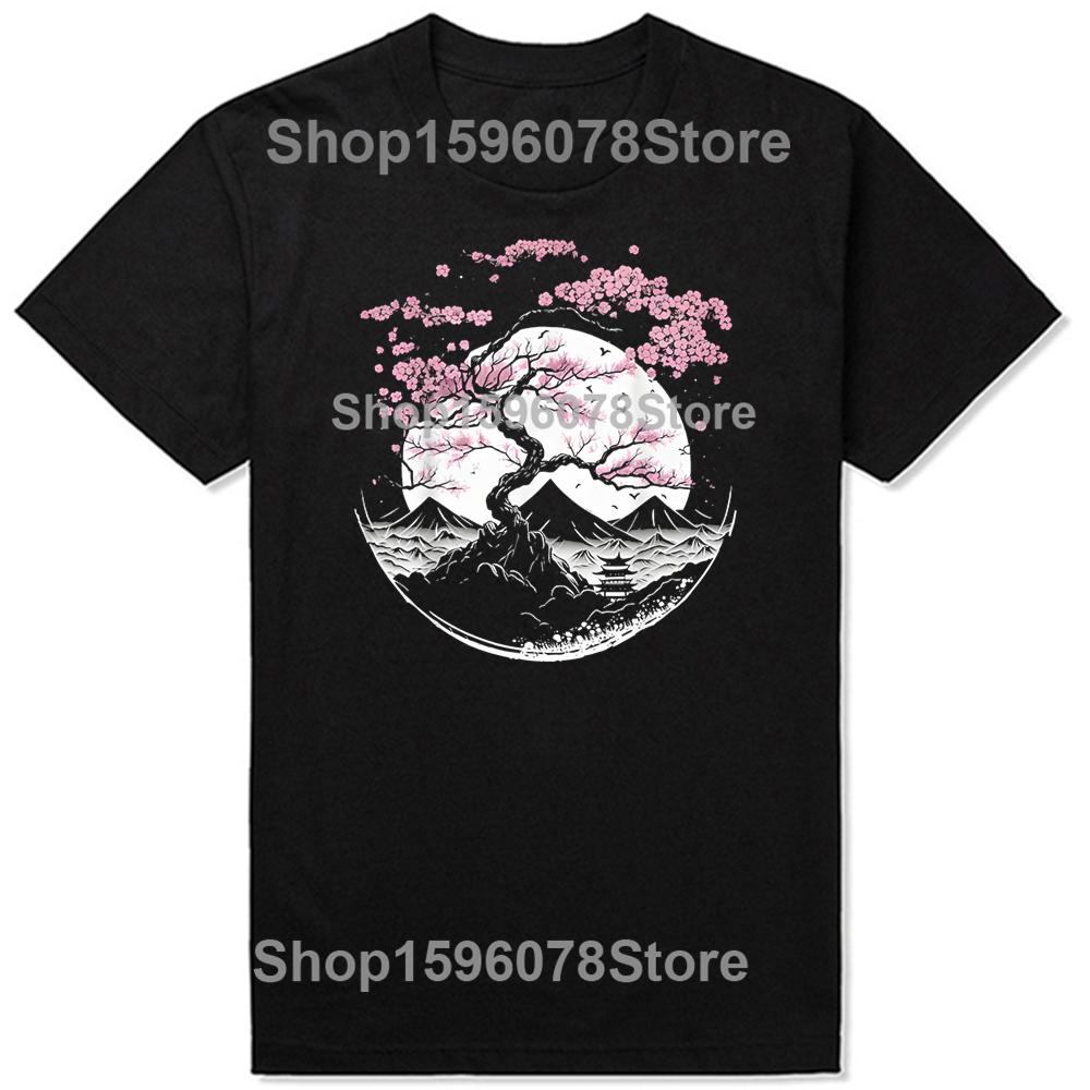 Japanese Cherry Garden Geisha Cherry Blossom Tshirt Women Womens Shortsleeved Round Neck Autumn and Winter Comfort Top