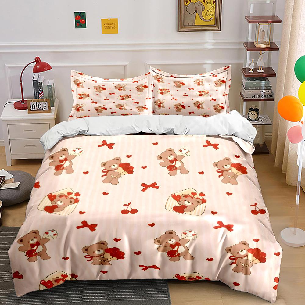 3PC Cute Teddy Bears and Hearts Print Bedding Set 1 Duvet Cover 2 Pillowcases for Adult and Children Luxury Gift Full Size