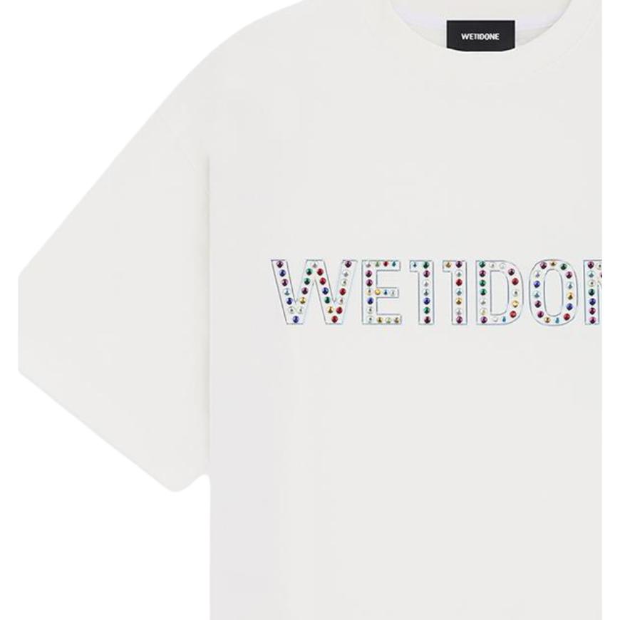 We11done Ss25 Front Crystal Decorated Logo Printed Casual Short Sleeve T-Shirt Unisex Tops WD-TT2-25-731-U-WH