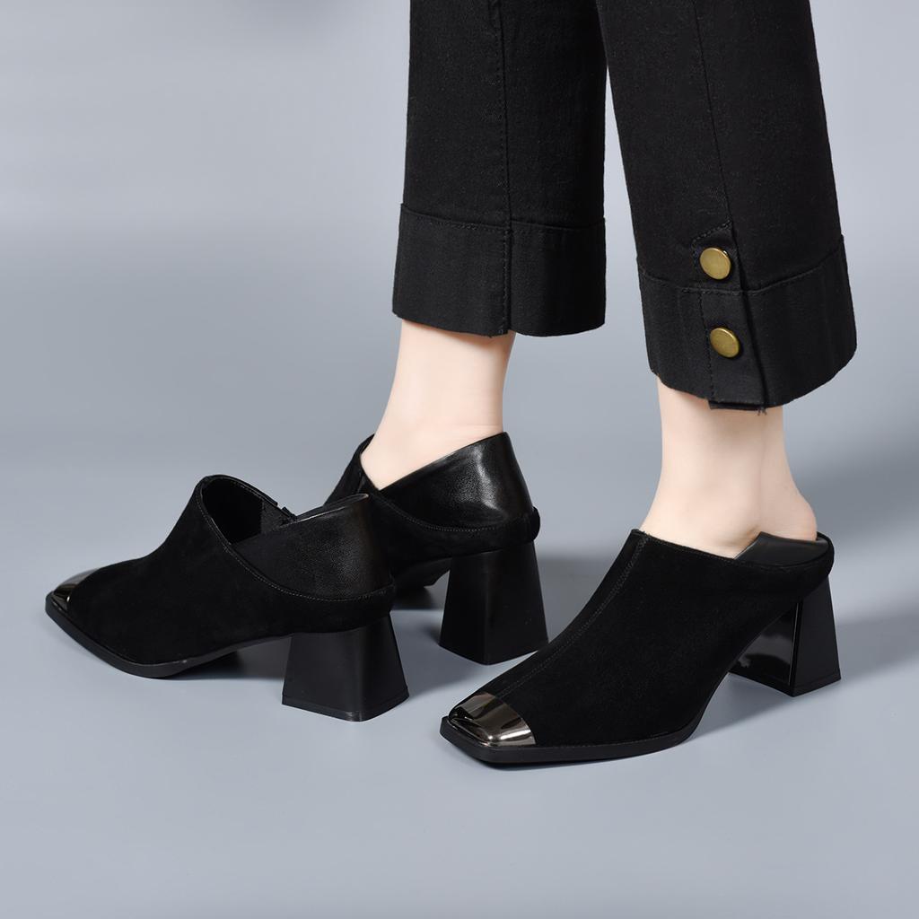 2025 New Spring French Temperament Women's Shoes Square Head Thick Heel High Heels Iron Bag Head One Shoe Two Wear Deep Mouth Single Shoes