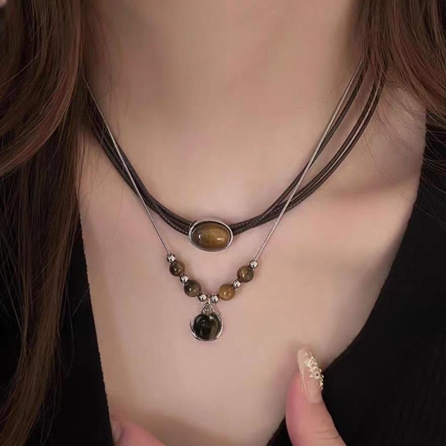 Tiger's Eye Stone Necklace for Women, Vintage Temperament Sweater Chain, Light Luxury Niche Layering Chinese Style Collarbone Chain
