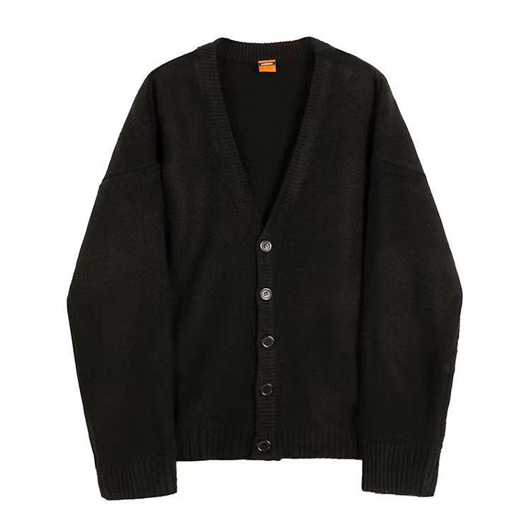 Осенне-зимний мужской вязаный кардиган с V-образным вырезом, однобортный мужской вязаный свитер, свободный однотонный вязаный кардиган, пальто M чёрный