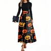Women's Fashion Casual Belted Long Sleeve Round Neck Halloween Printed Elegant Temperament Dresses