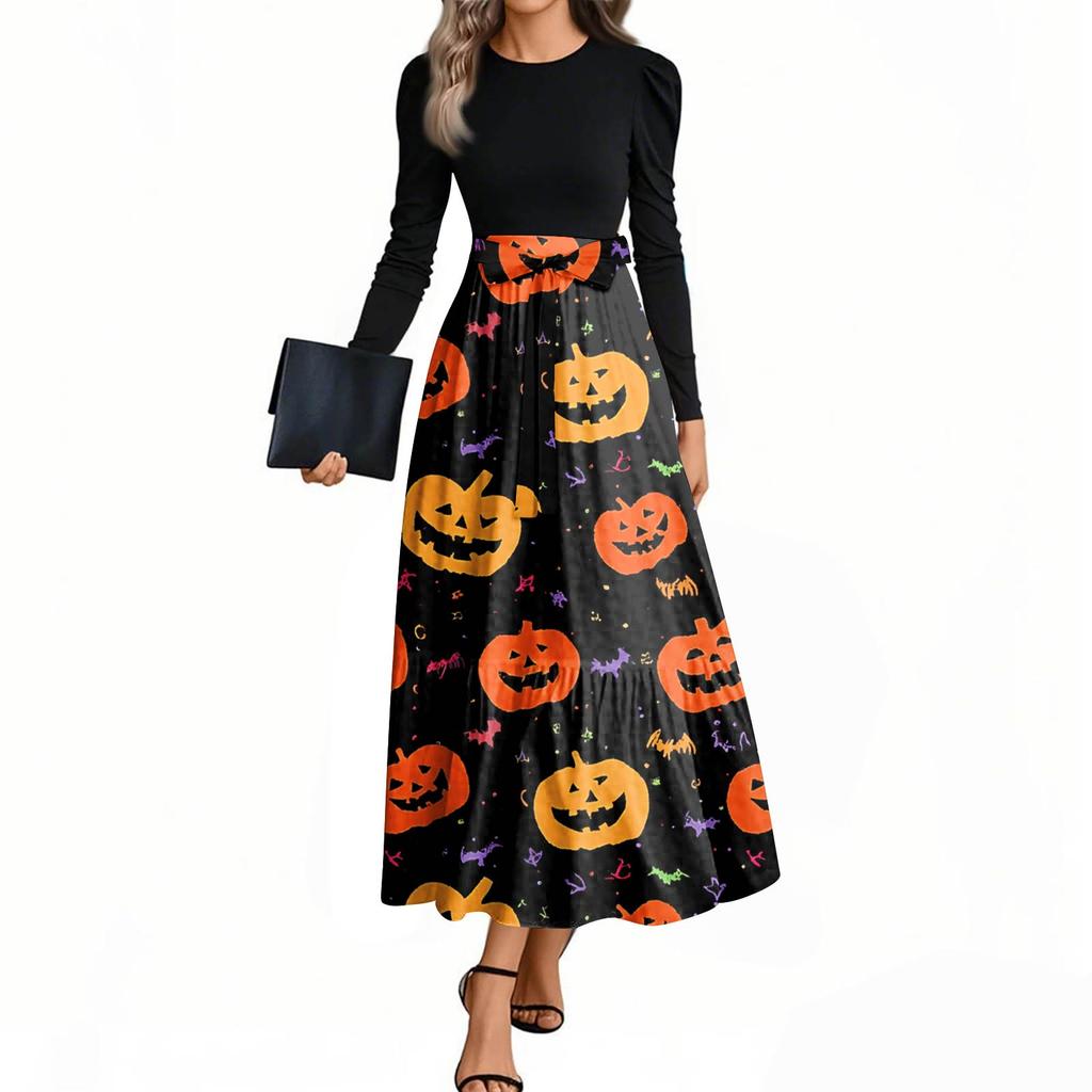Women's Fashion Casual Belted Long Sleeve Round Neck Halloween Printed Elegant Temperament Dresses