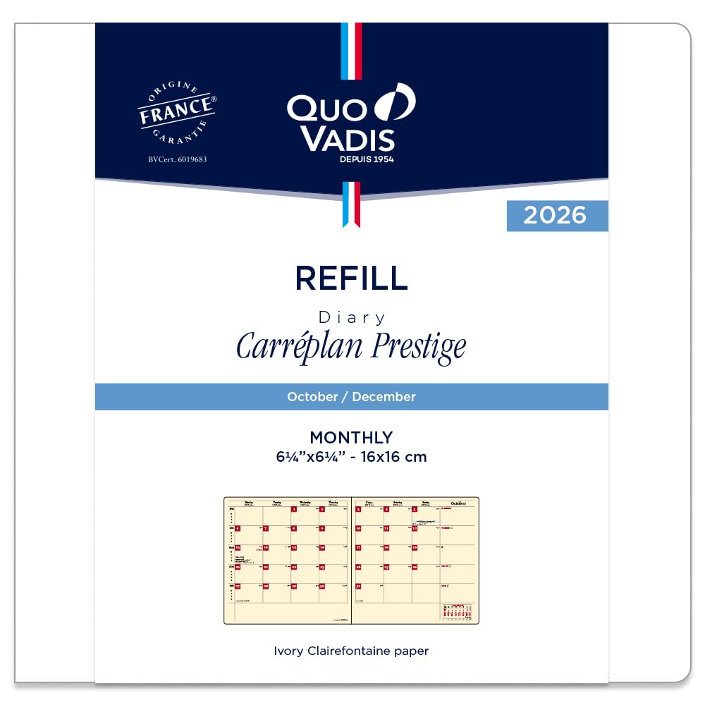 

QUOVADIS 2026 Edition Planner Diary Calendar Plan Prestige/Refill (Monthly Block, Starting October 2025, Square Size 16x16cm) QUOVADIS qv124rech-pe