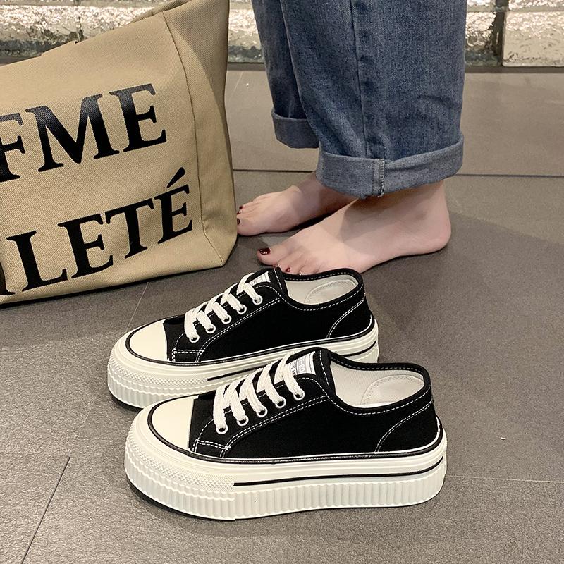 New Women'S Black Platform Canvas Sneakers Lace-Up Comfortable Shoes Fashion Outdoor Multi-Functional Sports Canvas Shoes