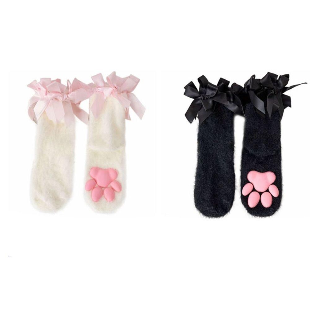 Paw Pads Cat Paw Plush Socks Kitten Claw Bowknot Warm Socks Harajuku 3D Cat Paw Socks  Indoor
