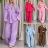Dames 2-delige Linnen Outfit Oversized Lange Mouwen Knopen Blouse en Wijde Pijpen Broek Set