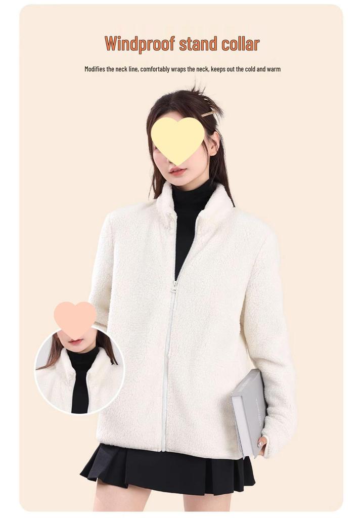 Women's 2026 Double-Sided Fleece Jacket: Grey, Warm Stand Collar, Trendy Autumn/Winter Outerwear
